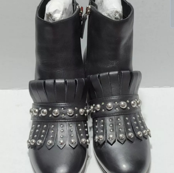 Nine West Qamile Black Leather Booties Studded Fringe Side Zipper Size 7M - Picture 3 of 10
